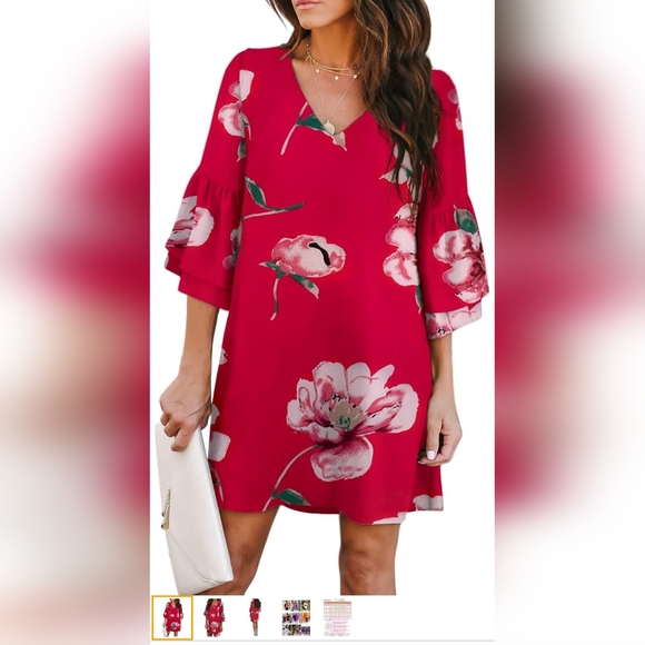 Summer Dress Cute V-Veck Bell Sleeve Shift Mini Red with Flowers Size XL - Picture 3 of 4